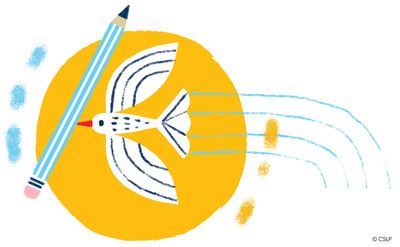 Illustrated graphic of a white bird with a blue pencil in its beak flying in front of a yellow sun.