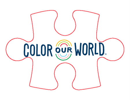 Red outline of a  jigsaw puzzle piece with Color Our World logo