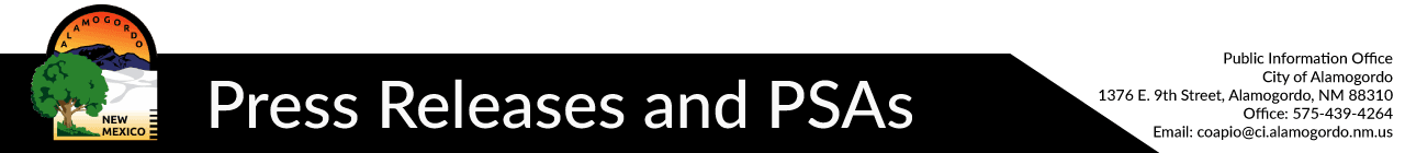 Press Releases and PSAs header, City of Alamogordo logo with contact information